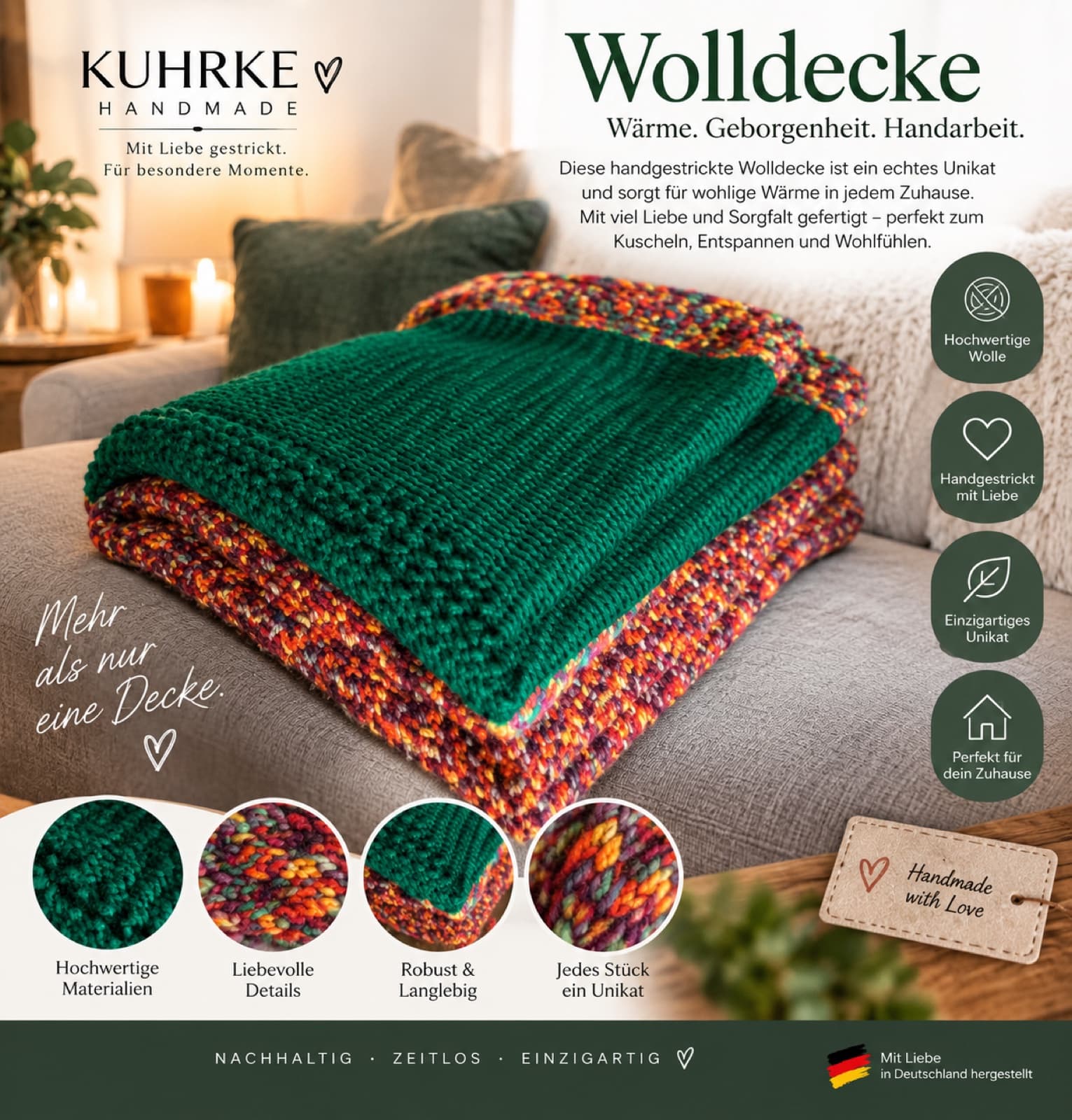 KUHRKE Handmade Wolldecke, handgestrickt