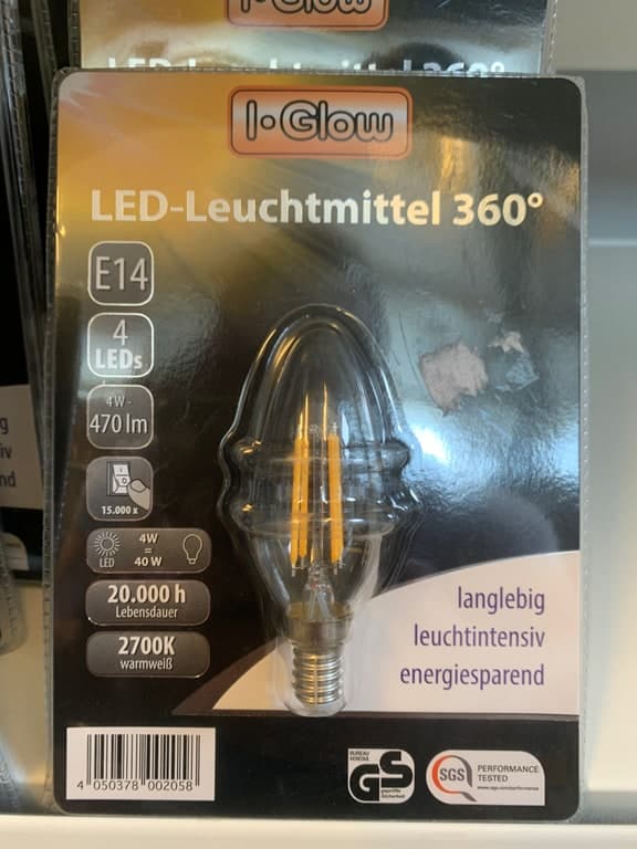 I-Glow LED-Leuchtmittel 360° E14 4W (40W) 2700K Warmweiß 470lm Kerze Filament