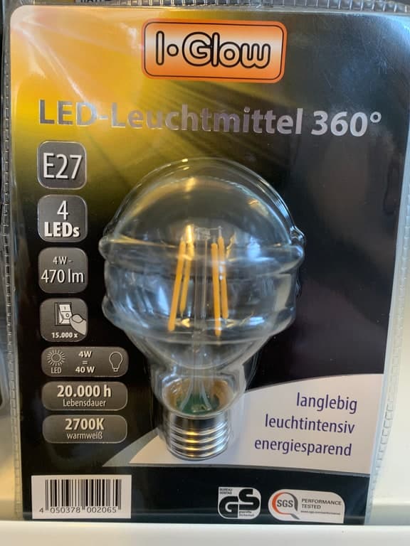 I-Glow LED-Leuchtmittel 360° E27 4W (40W) 2700K Warmweiß 470lm Globe Filament