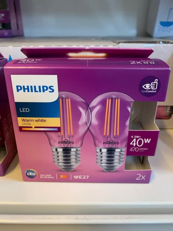 Philips LED E27 4.3W (40W) 2700K Warmweiß 470lm (2er-Pack Filament)