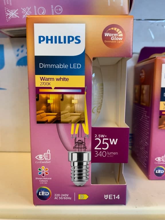 Philips Dimmable LED E14 Filament 2.5W (25W) 2700K Warmweiß 340lm CRI90 Warm Glow