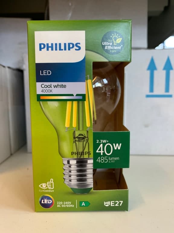 Philips Ultra Efficient LED E27 Filament 2.3W (40W) 4000K Cool White 485lm Klasse A